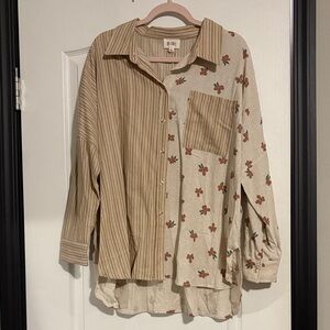 BiBi Tan Floral and Striped Shirt